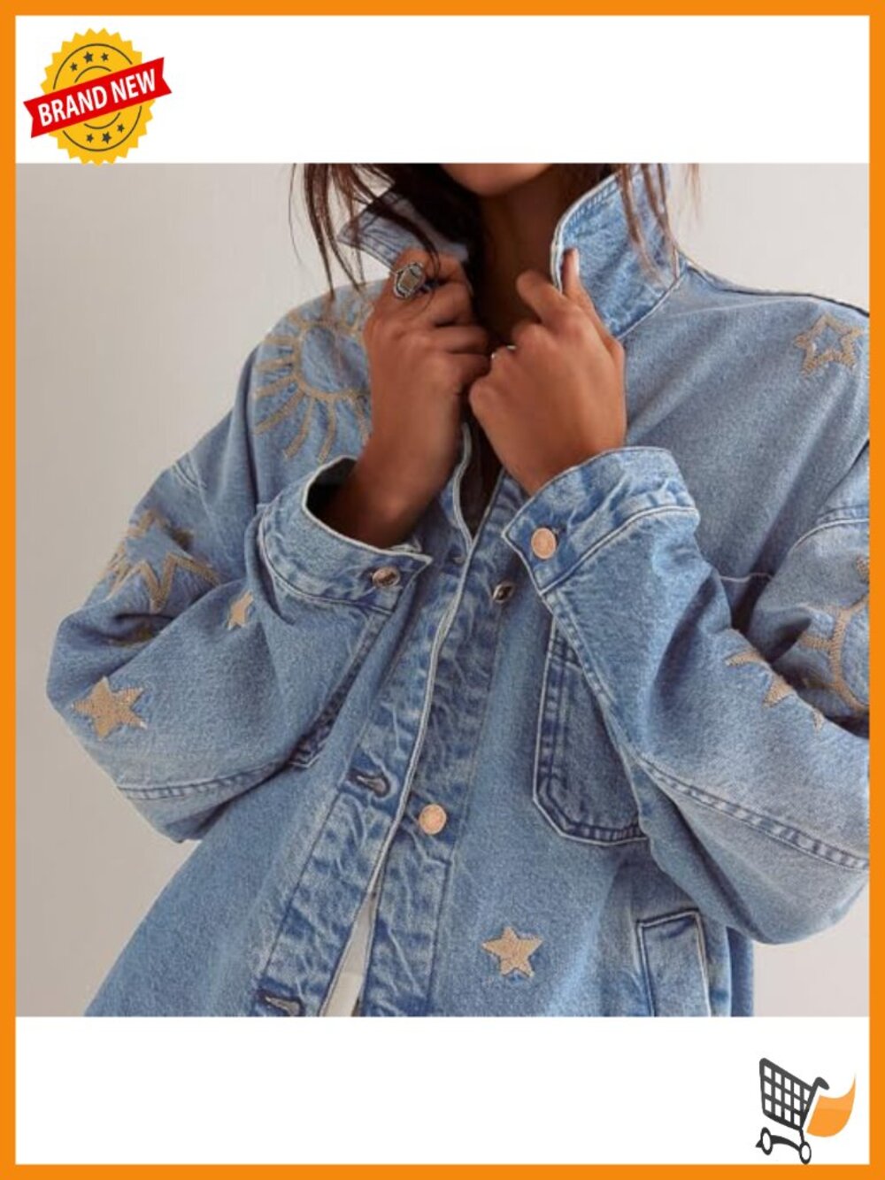 Vintage Oversized Embroidered Denim Jacket Casual Loose Fit Button Down - Picture 2 of 4